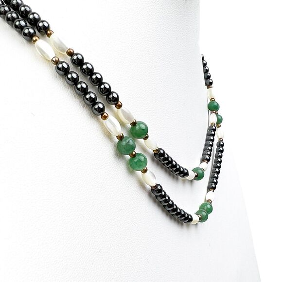 Beaded Necklace Oval White Mother of Pearl Round Green And Shiny Gunmetal Collar - Picture 4 of 9